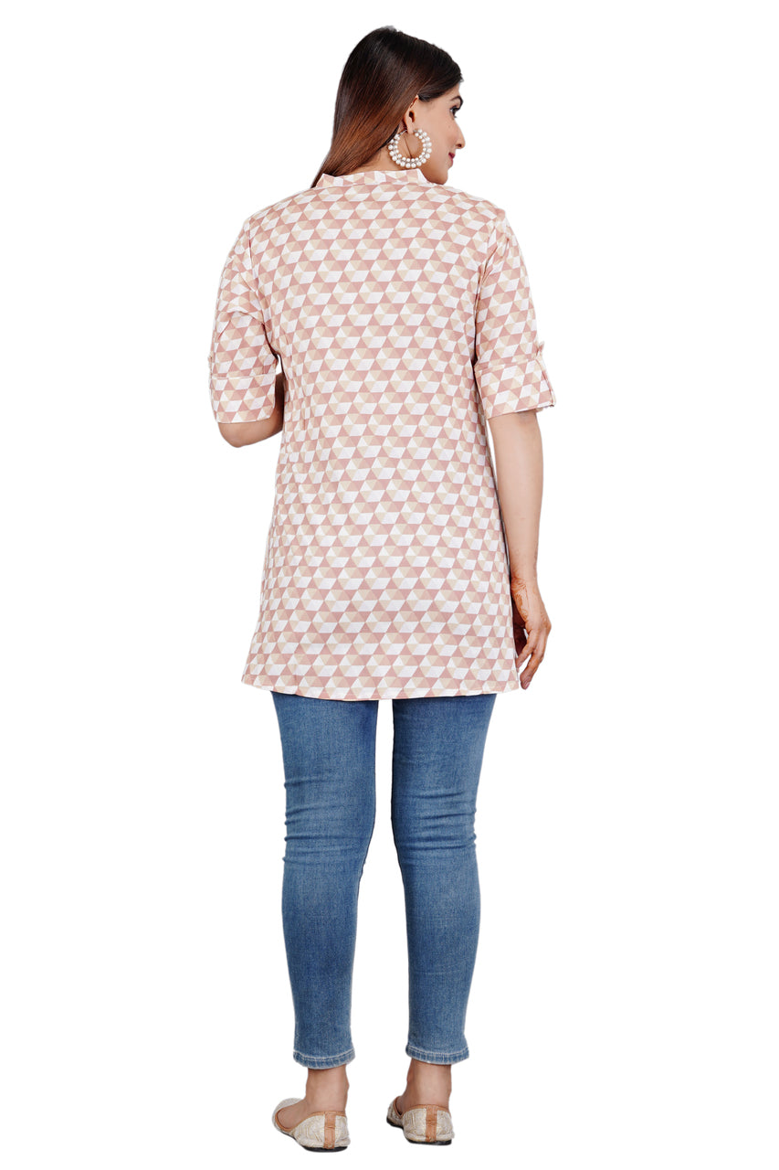 Sitayya Women's Geometric Pattern Round Neckline Collar High Low Button-Down Pink Top | Back View