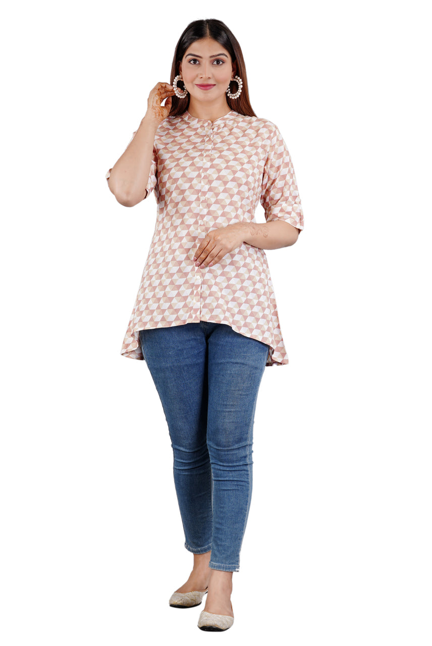 Sitayya Women's Geometric Pattern Round Neckline Collar High Low Button-Down Pink Top | Main Image