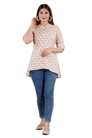 Sitayya Women's Geometric Pattern Round Neckline Collar High Low Button-Down Pink Top | Main Image