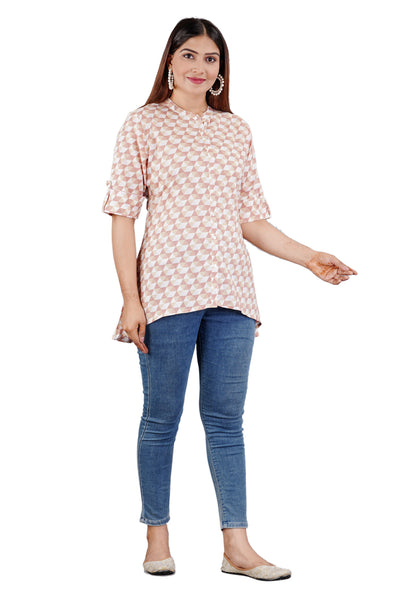 Sitayya Women's Geometric Pattern Round Neckline Collar High Low Button-Down Pink Top | Left View