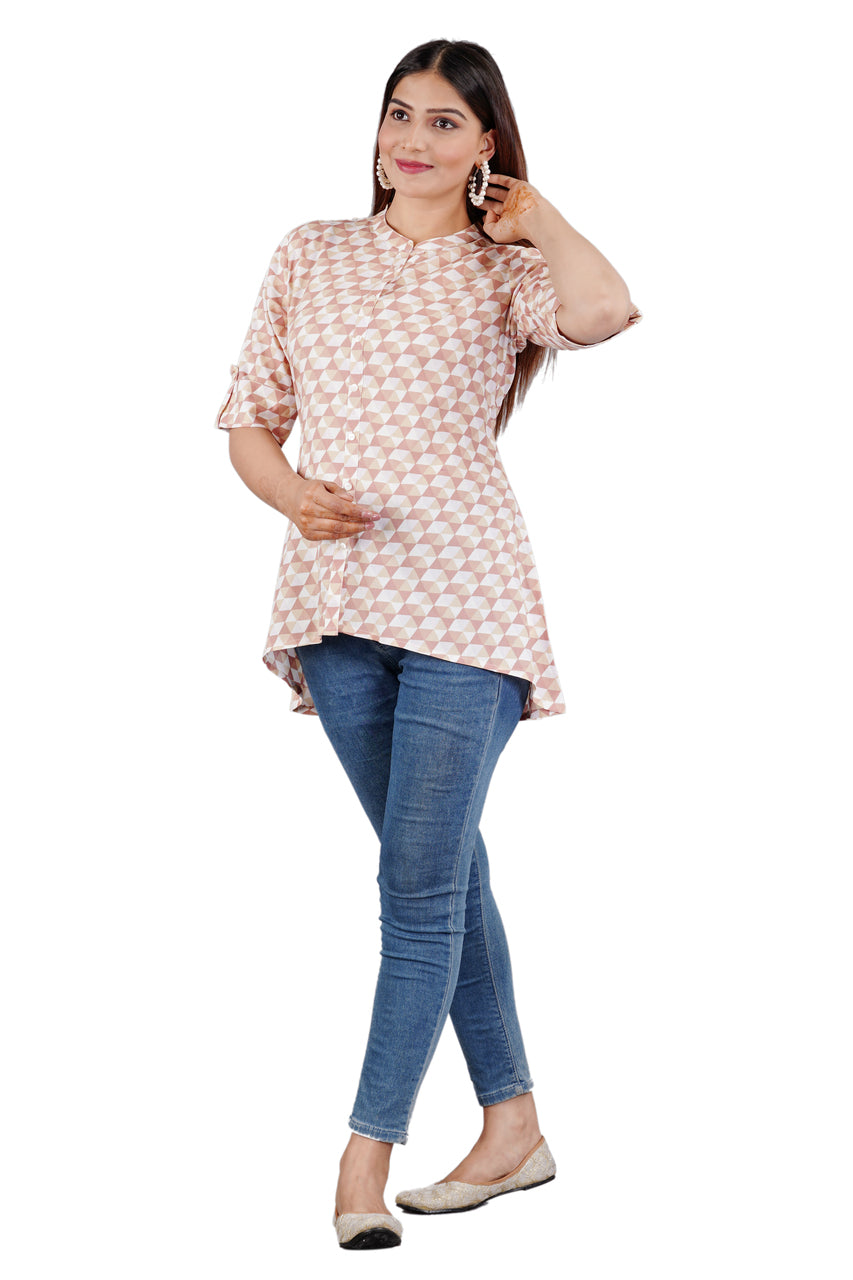 Sitayya Women's Geometric Pattern Round Neckline Collar High Low Button-Down Pink Top | Right View