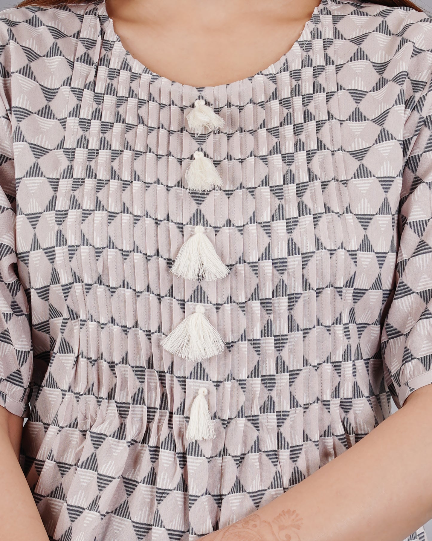 Sitayya Women's Pleated Yolk Geometric Pattern Lavender Grey Top with Tassel Buttons | Detail View