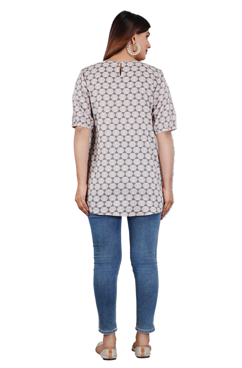 Sitayya Women's Pleated Yolk Geometric Pattern Lavender Grey Top with Tassel Buttons | Back View