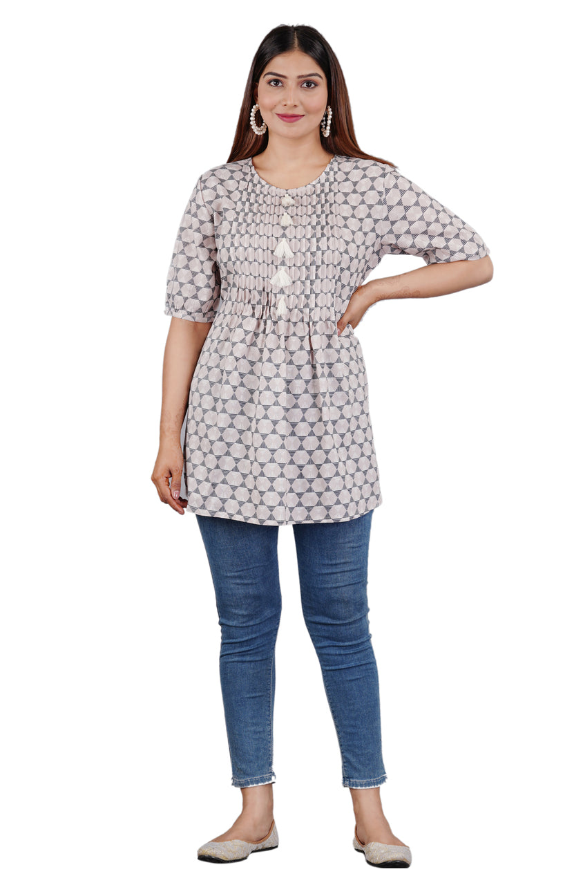 Sitayya Women's Pleated Yolk Geometric Pattern Lavender Grey Top with Tassel Buttons | Main Image