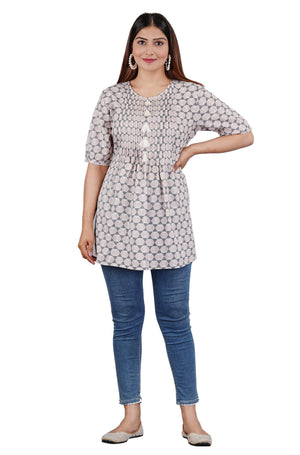 Sitayya Women's Pleated Yolk Geometric Pattern Lavender Grey Top with Tassel Buttons | Main Image