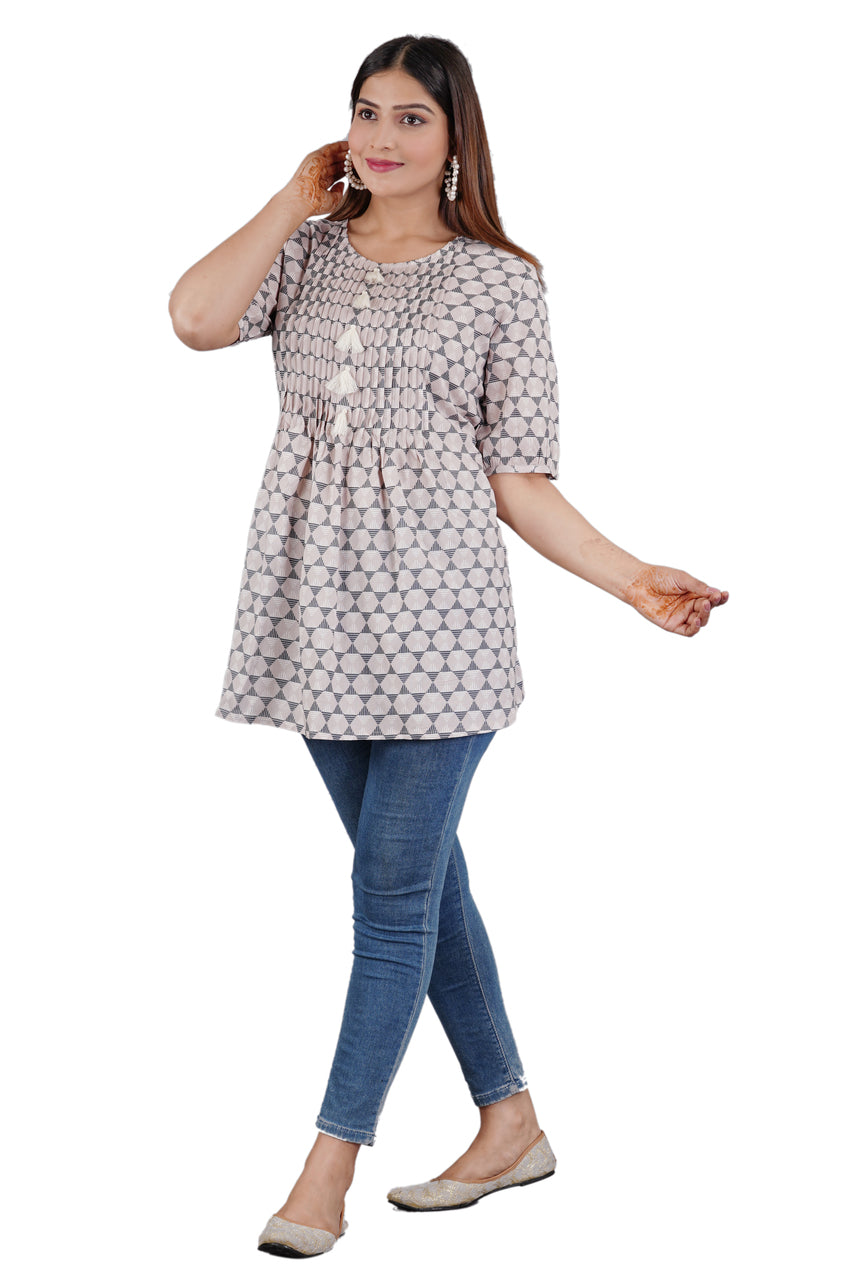 Sitayya Women's Pleated Yolk Geometric Pattern Lavender Grey Top with Tassel Buttons | Right View