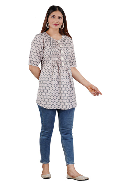 Sitayya Women's Pleated Yolk Geometric Pattern Lavender Grey Top with Tassel Buttons | Left View