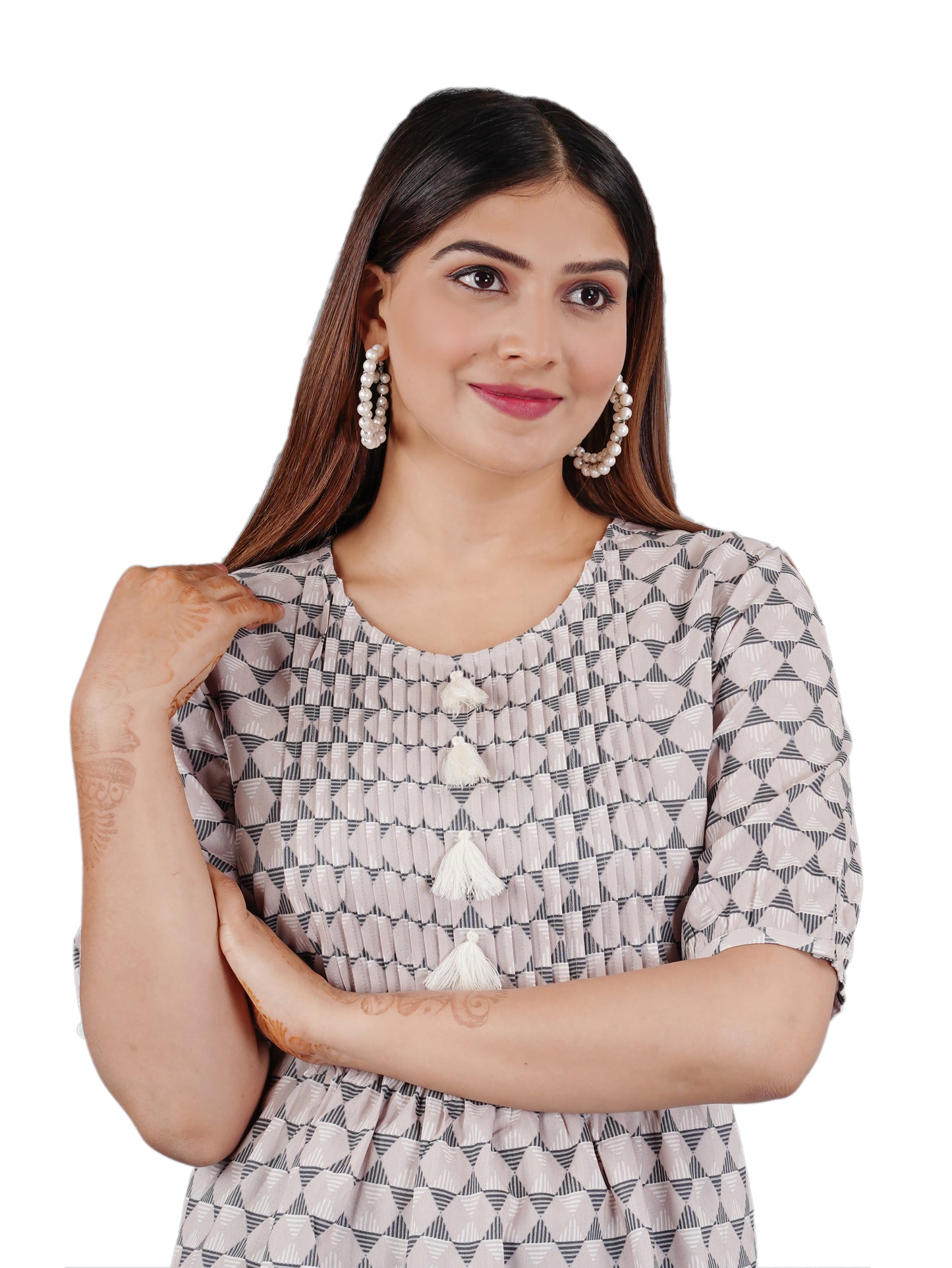 Sitayya Women's Pleated Yolk Geometric Pattern Lavender Grey Top with Tassel Buttons | Close-up Image