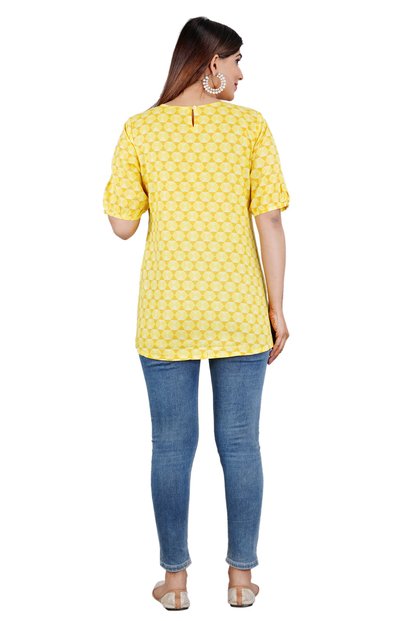 Sitayya Women's Pleated Yolk Geometric Pattern Yellow Top with Tassel Buttons | Back View