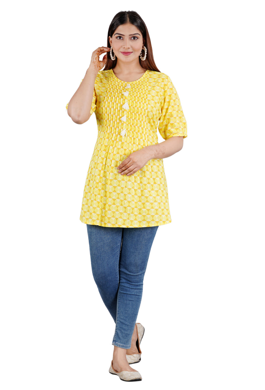 Sitayya Women's Pleated Yolk Geometric Pattern Yellow Top with Tassel Buttons | Main Image