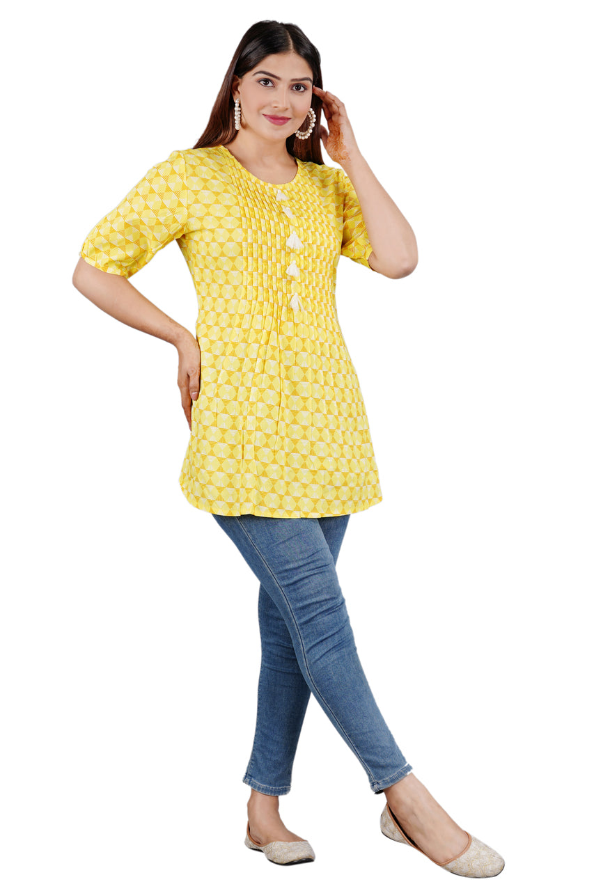 Sitayya Women's Pleated Yolk Geometric Pattern Yellow Top with Tassel Buttons | Left View