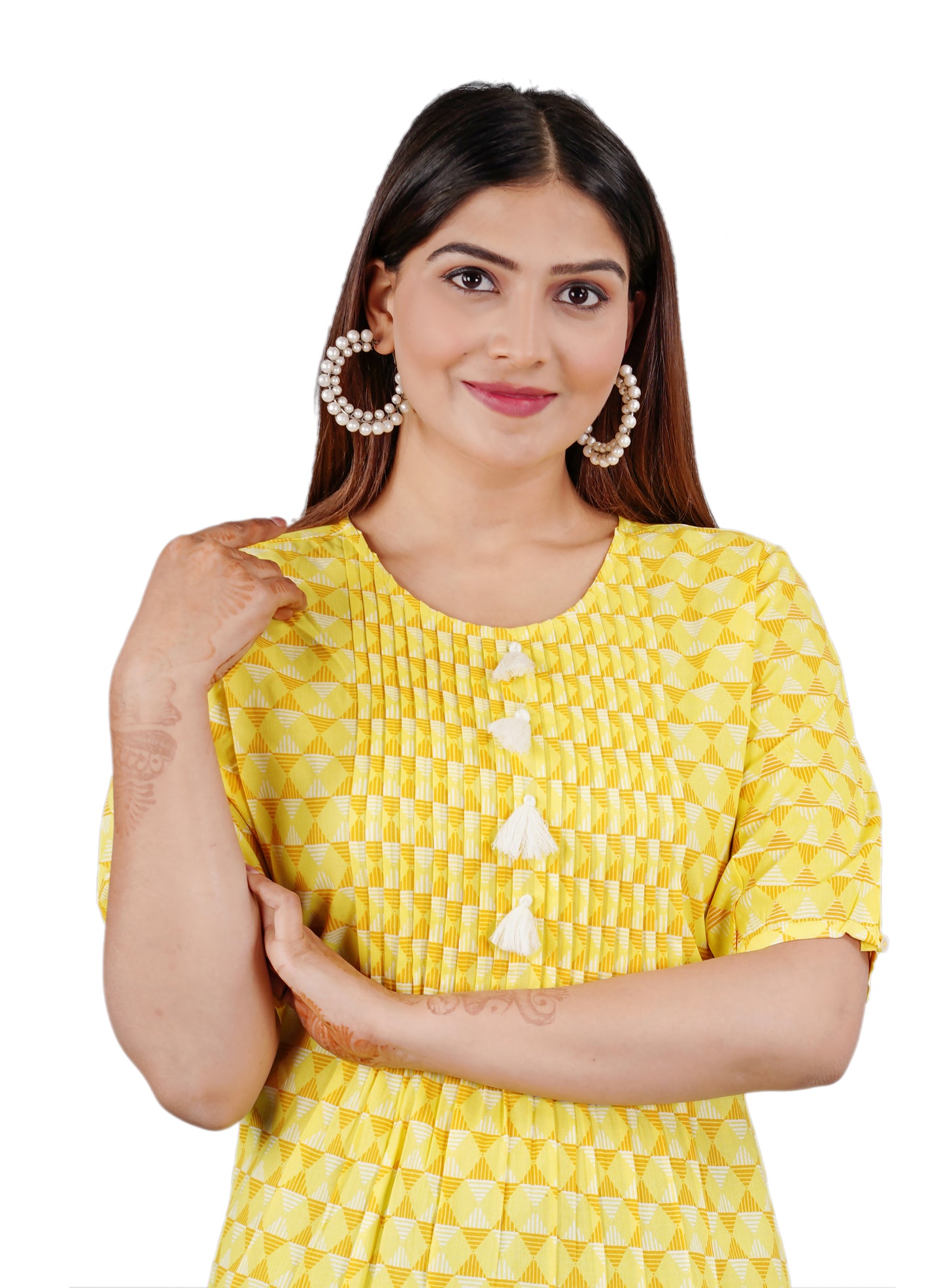 Sitayya Women's Pleated Yolk Geometric Pattern Yellow Top with Tassel Buttons | Close-up View