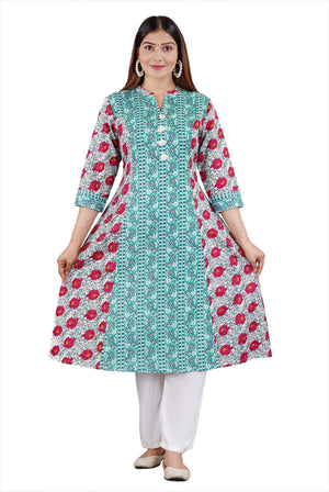 Sitayya Women's Indian Ethnic Teal and Pink Floral Block Print Cotton White Kurta Tunic with Tassels | Main Image