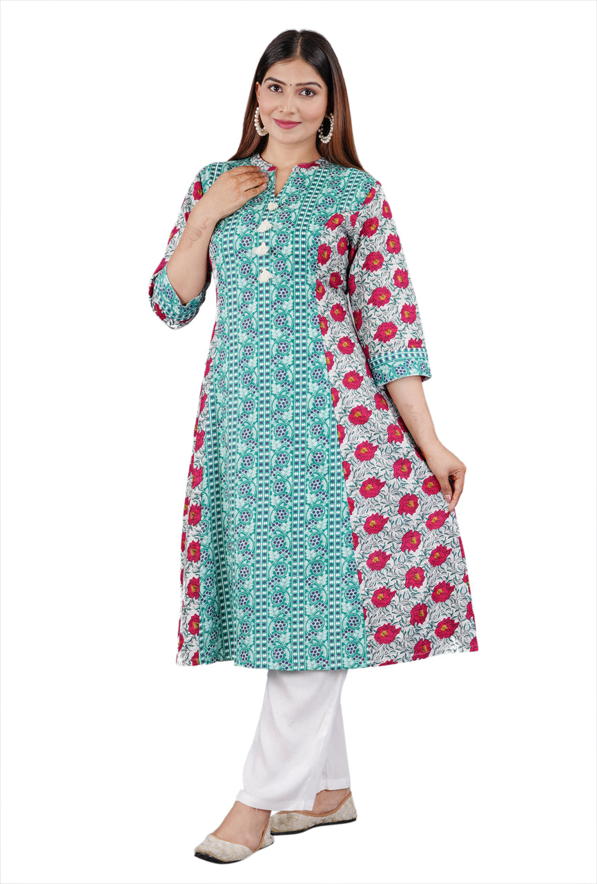 Sitayya Women's Indian Ethnic Teal and Pink Floral Block Print Cotton White Kurta Tunic with Tassels | Right View
