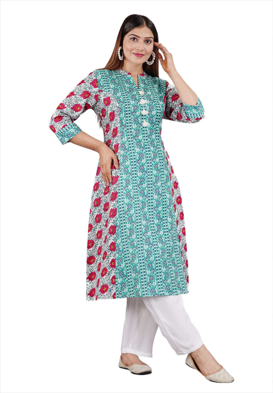 Sitayya Women's Indian Ethnic Teal and Pink Floral Block Print Cotton White Kurta Tunic with Tassels | Left View