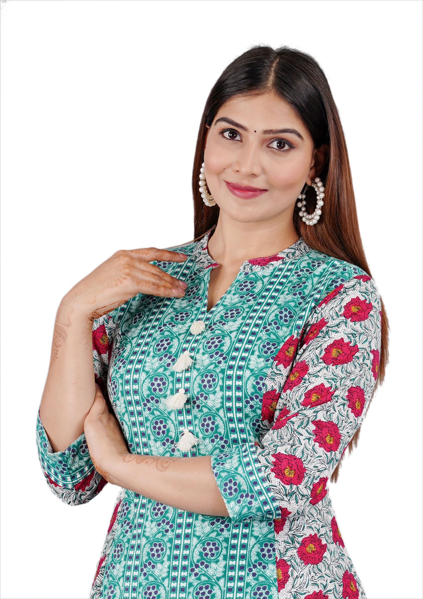 Sitayya Women's Indian Ethnic Teal and Pink Floral Block Print Cotton White Kurta Tunic with Tassels | Display View
