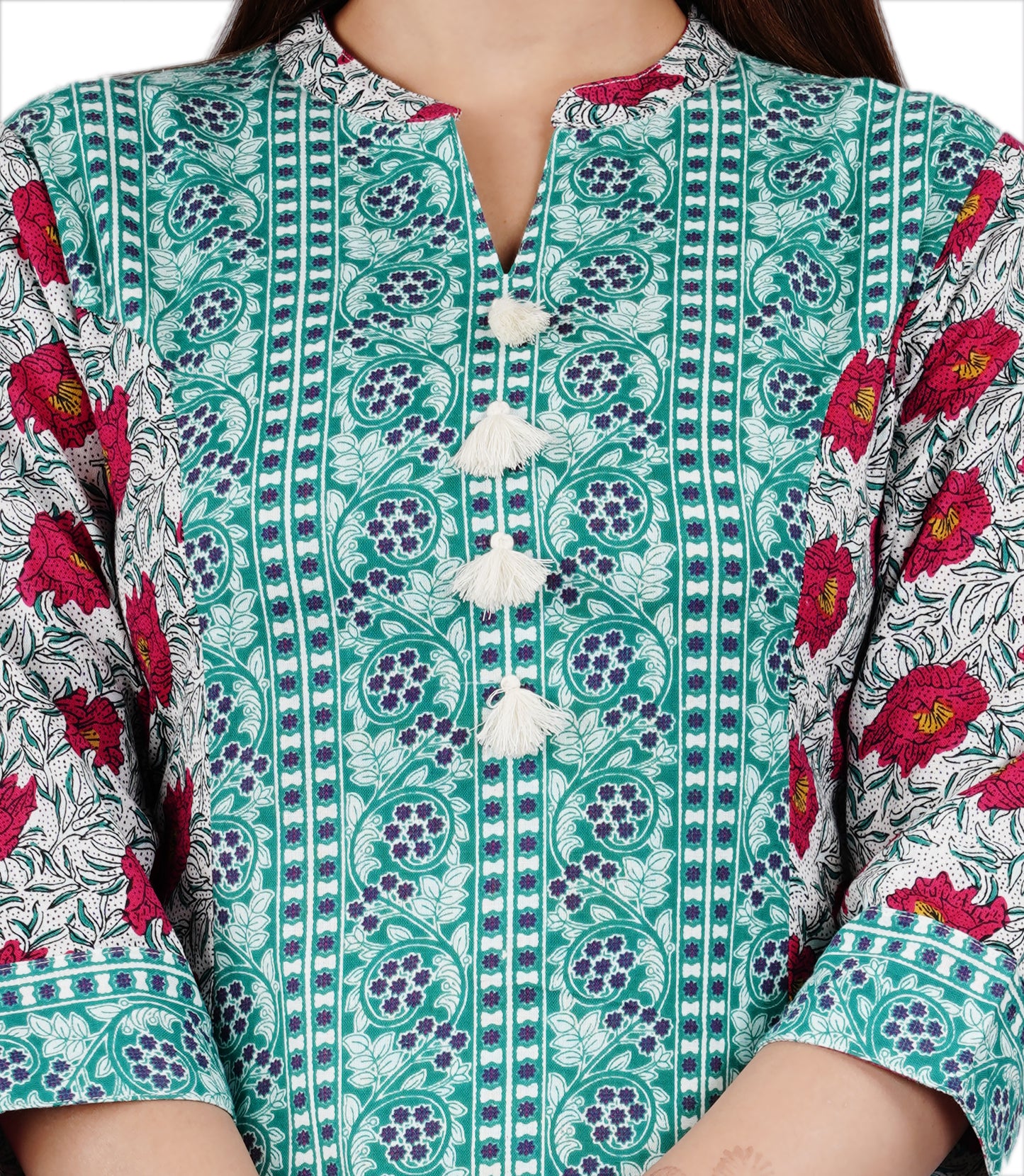 Sitayya Women's Indian Ethnic Teal and Pink Floral Block Print Cotton White Kurta Tunic with Tassels | Close-up View