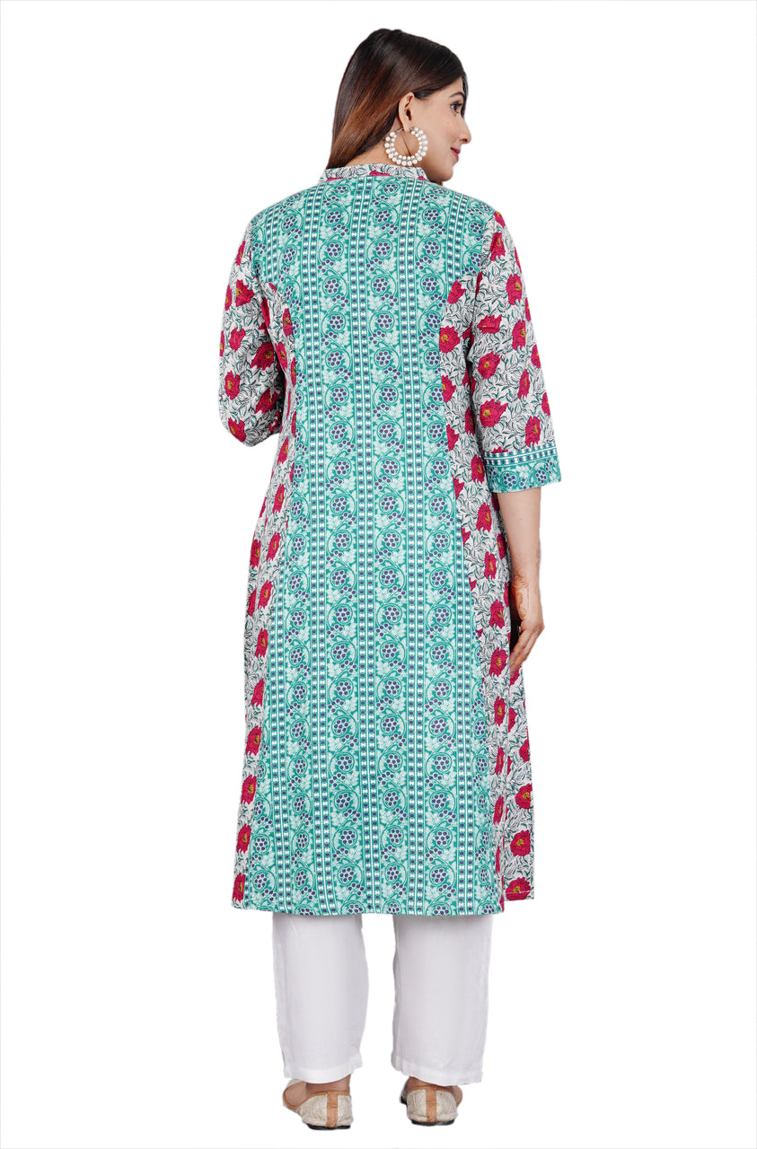 Sitayya Women's Indian Ethnic Teal and Pink Floral Block Print Cotton White Kurta Tunic with Tassels | Back View