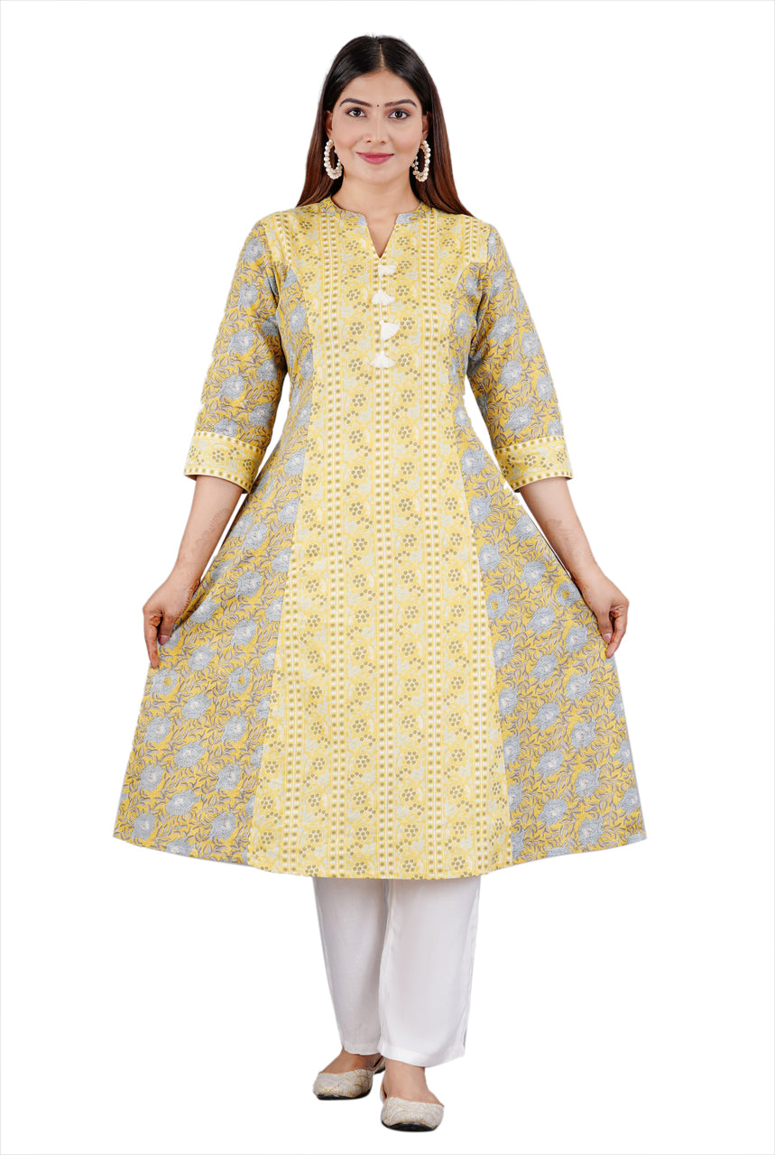 Sitayya Women's Indian Ethnic Floral Block Print Cotton Yellow Kurta Tunic with Tassels | Front View