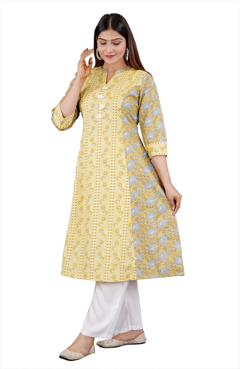 Sitayya Women's Indian Ethnic Floral Block Print Cotton Yellow Kurta Tunic with Tassels | Right View
