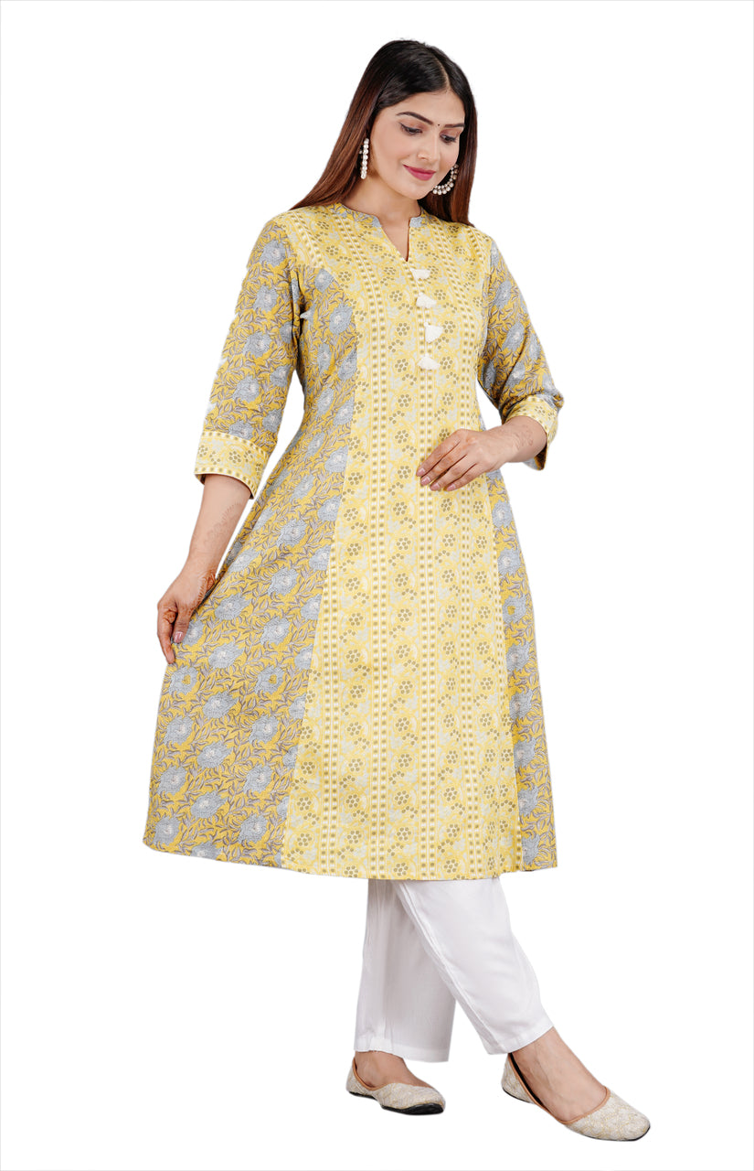 Sitayya Women's Indian Ethnic Floral Block Print Cotton Yellow Kurta Tunic with Tassels | Left View
