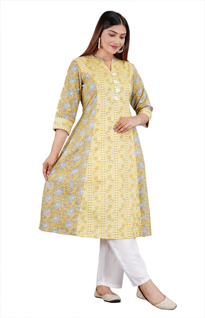 Sitayya Women's Indian Ethnic Floral Block Print Cotton Yellow Kurta Tunic with Tassels | Left View