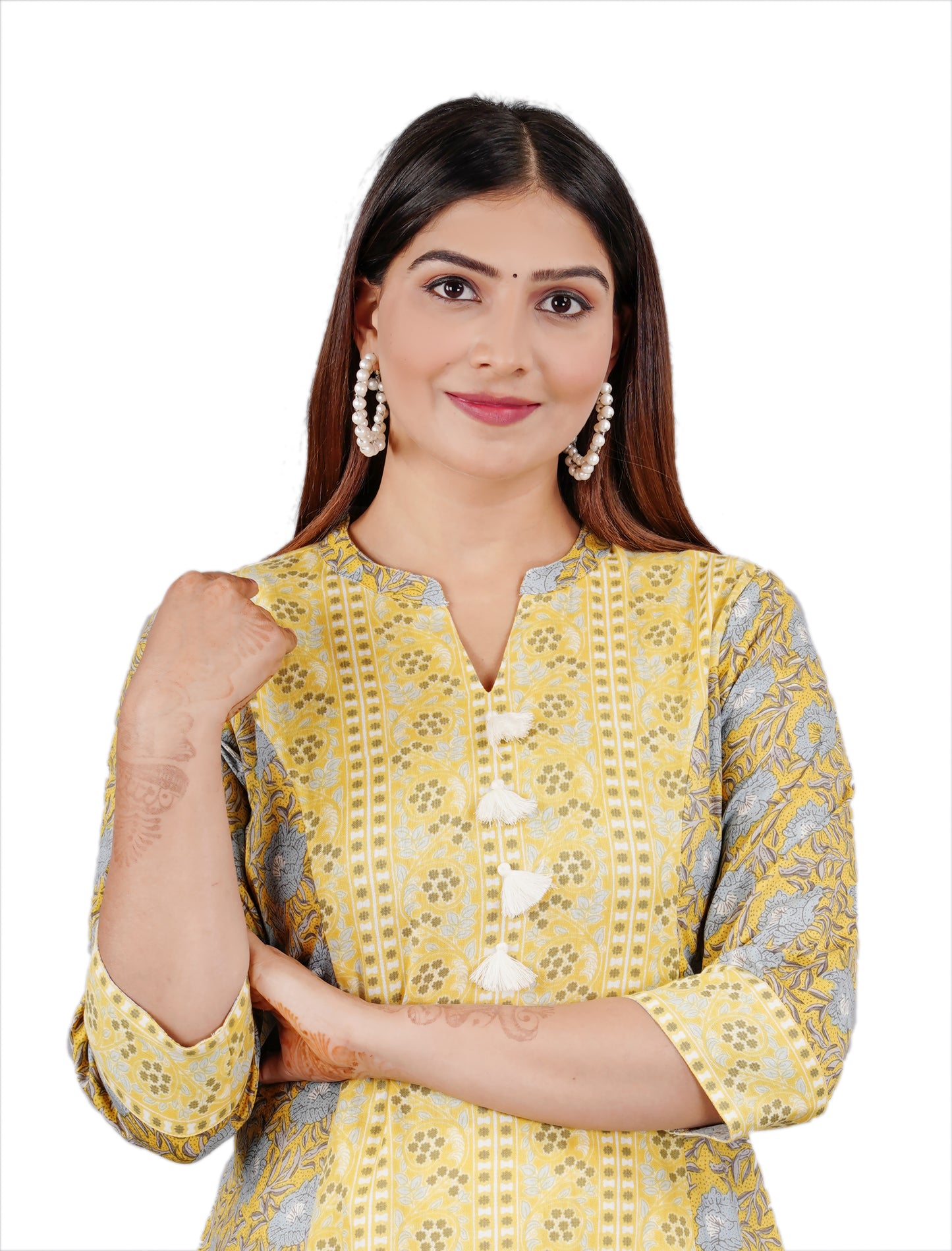 Sitayya Women's Indian Ethnic Floral Block Print Cotton Yellow Kurta Tunic with Tassels | Display View
