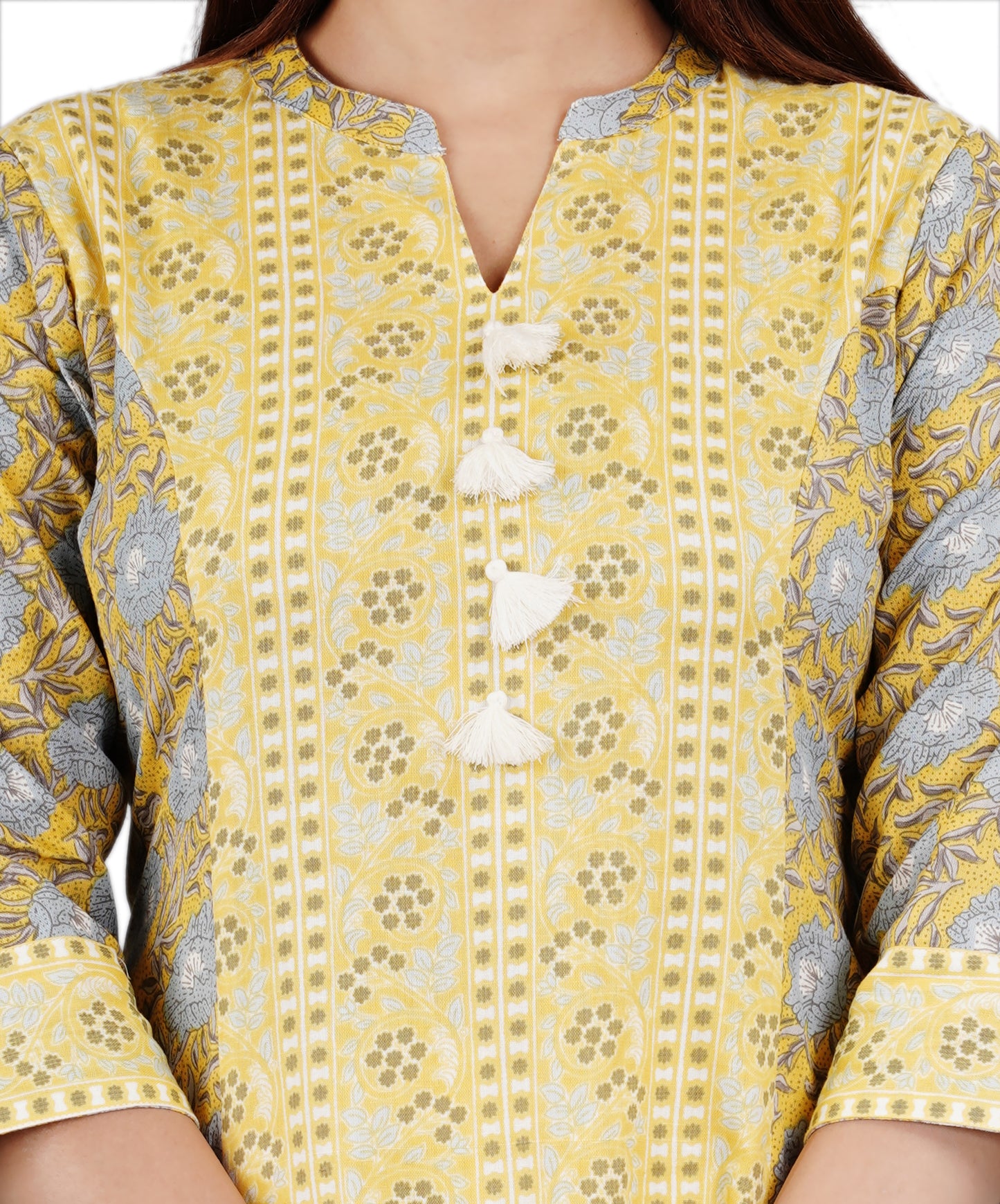 Sitayya Women's Indian Ethnic Floral Block Print Cotton Yellow Kurta Tunic with Tassels | Close-up View