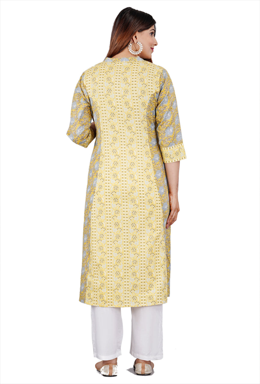 Sitayya Women's Indian Ethnic Floral Block Print Cotton Yellow Kurta Tunic with Tassels | Back View