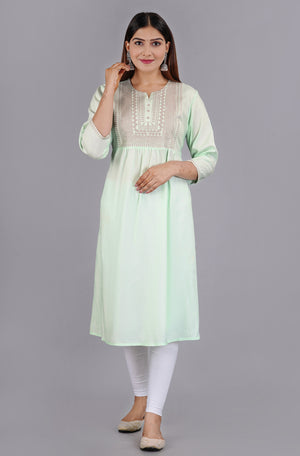 Sitayya Women's Mint Green Solid Embroidered A-line Kurta | Main View