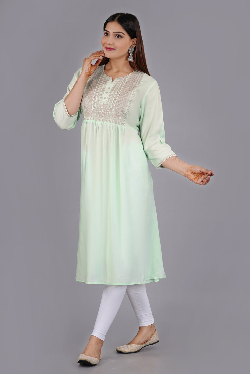 Sitayya Women's Mint Green Solid Embroidered A-line Kurta | Right View