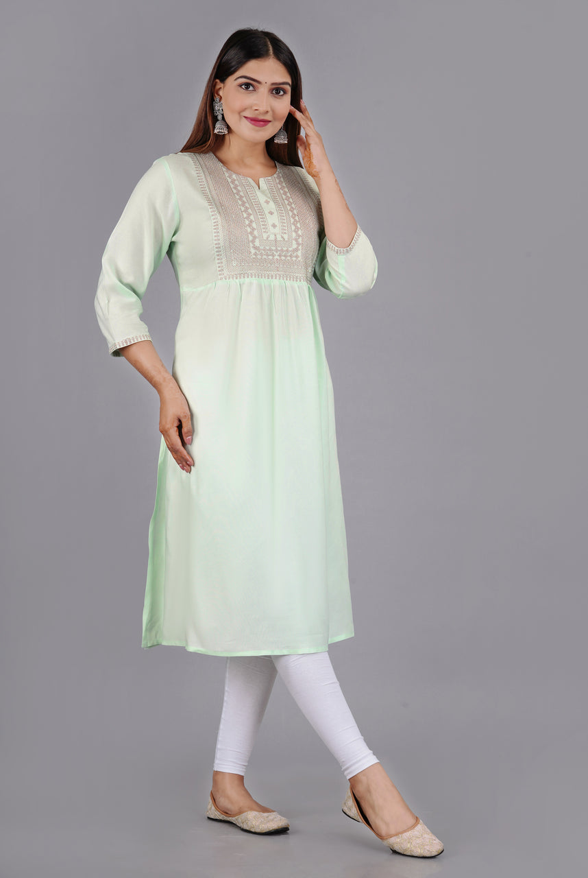Sitayya Women's Mint Green Solid Embroidered A-line Kurta | Left View
