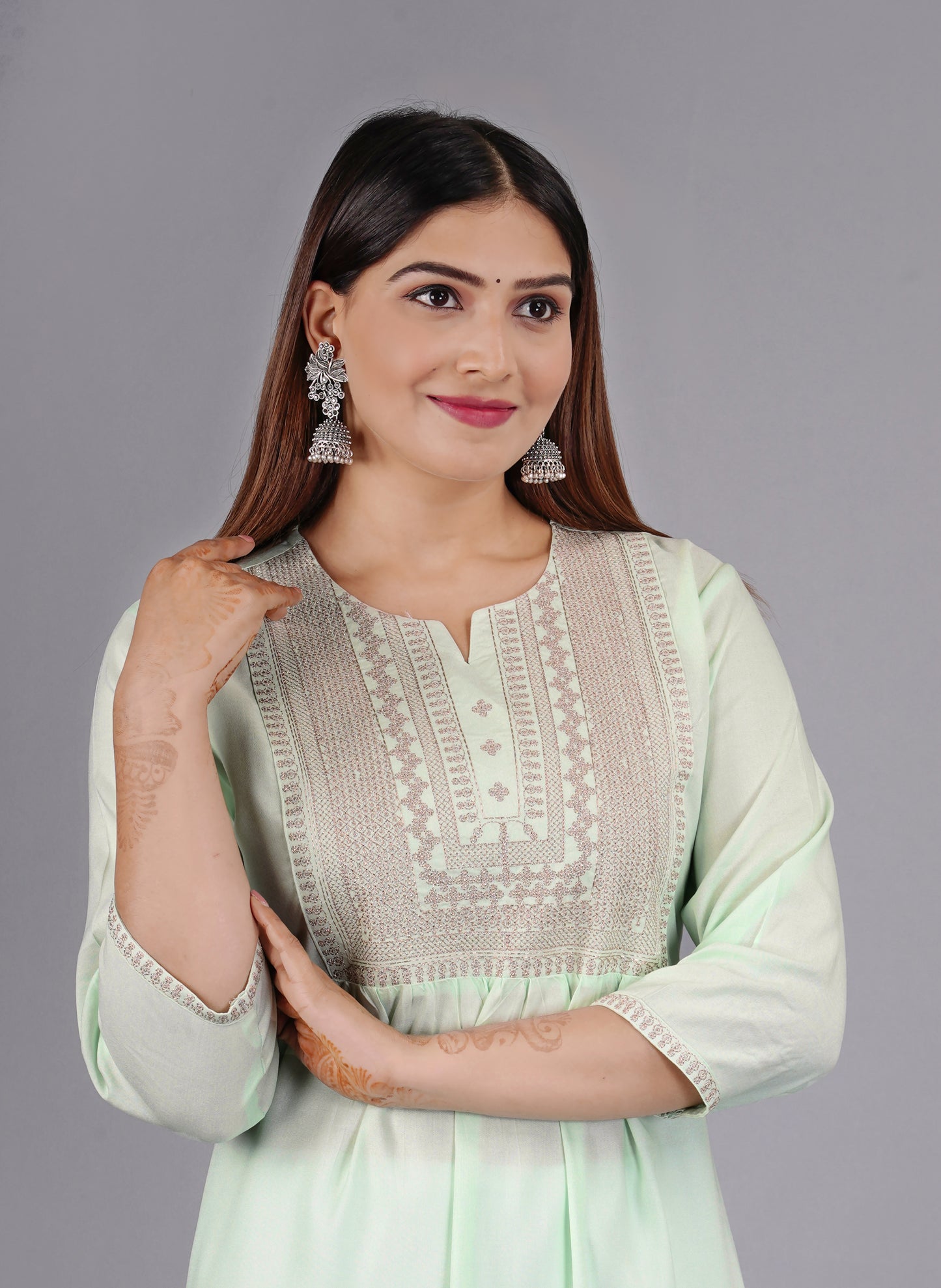 Sitayya Women's Mint Green Solid Embroidered A-line Kurta | Display View