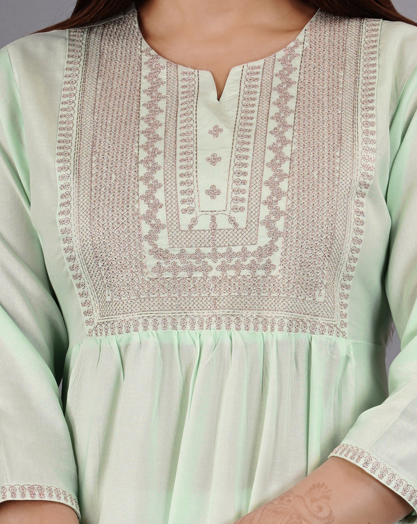 Sitayya Women's Mint Green Solid Embroidered A-line Kurta | Close-up View