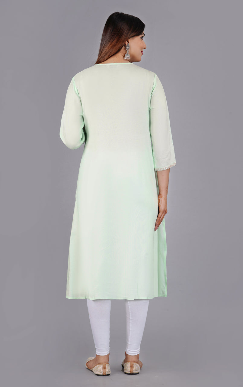 Sitayya Women's Mint Green Solid Embroidered A-line Kurta | Back View