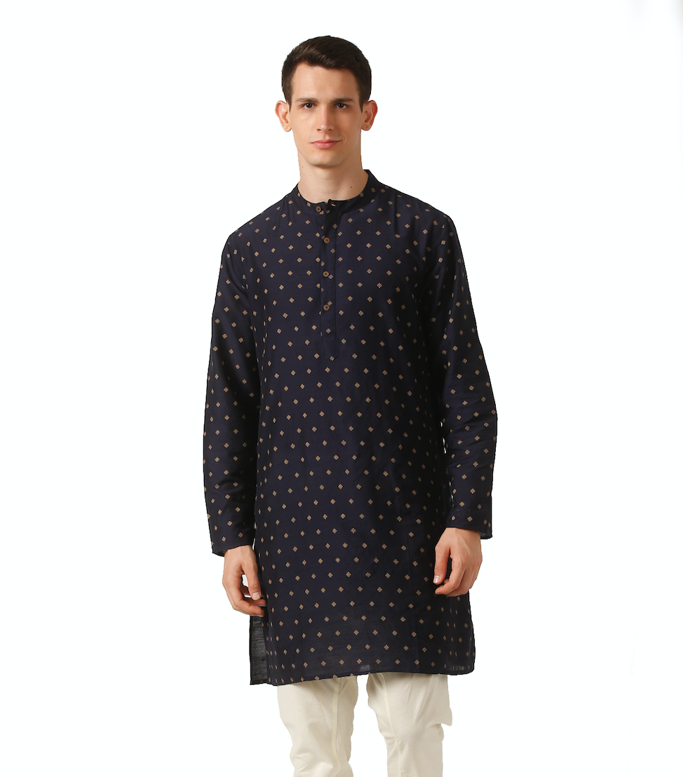 In-Sattva Men's Mandarin Collar Micro Dobby Fine Print Mid-Length Kurta Tunic Navy Blue