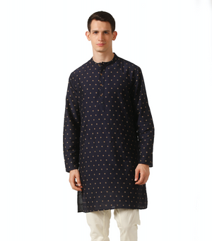In-Sattva Men's Mandarin Collar Micro Dobby Fine Print Mid-Length Kurta Tunic Navy Blue