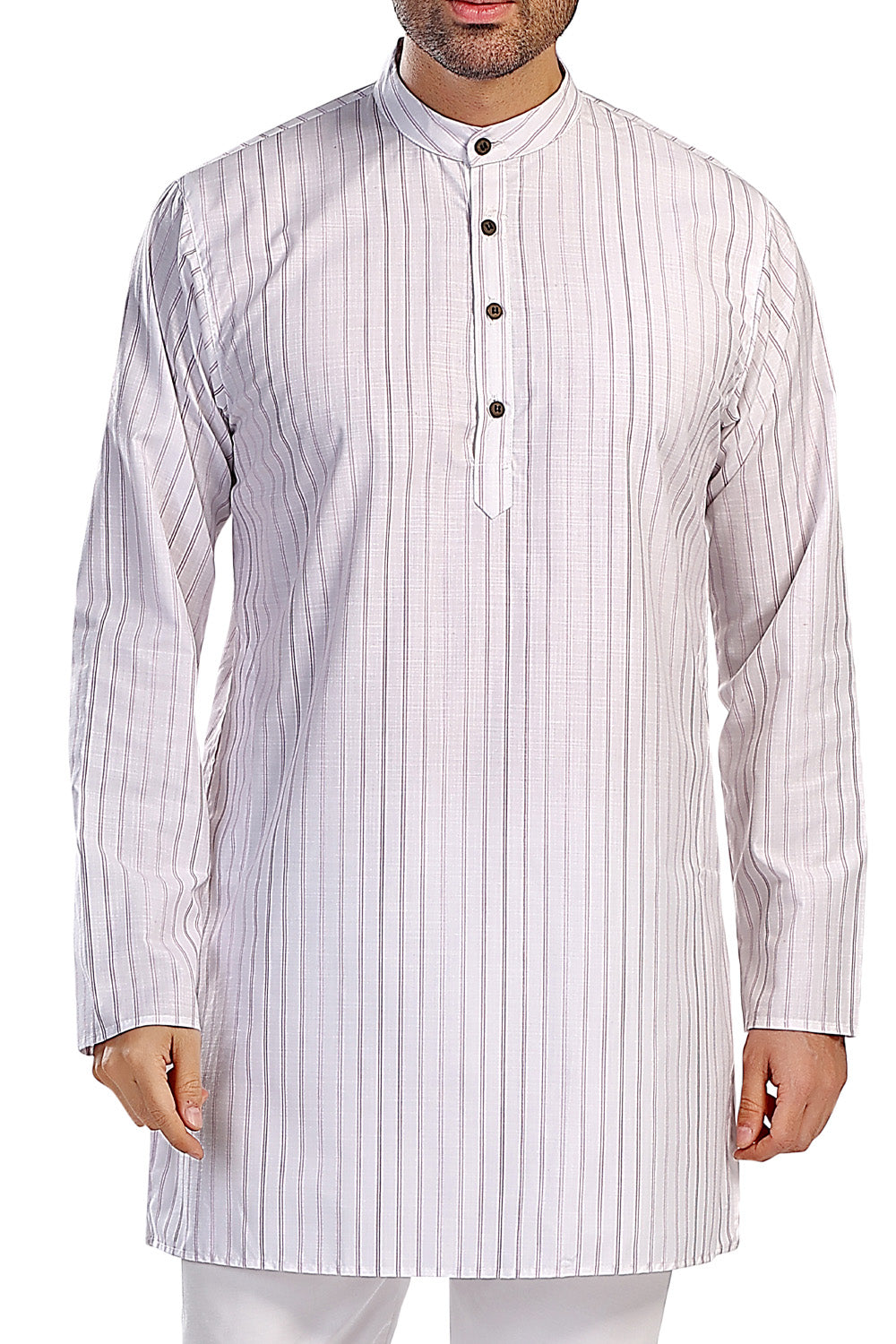 In-Sattva Men's Handloom Cotton Vintage Pinstriped Thigh-Length Kurta Tunic; Striped Magenta
