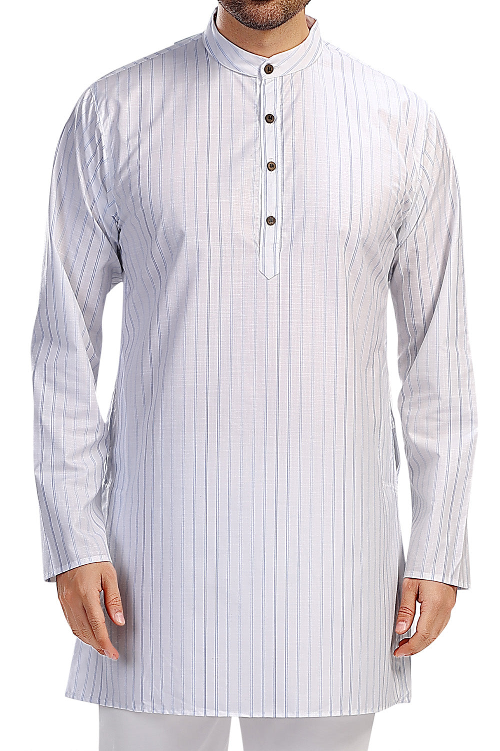 In-Sattva Men's Handloom Cotton Vintage Pinstriped Thigh-Length Kurta Tunic; Striped Blue