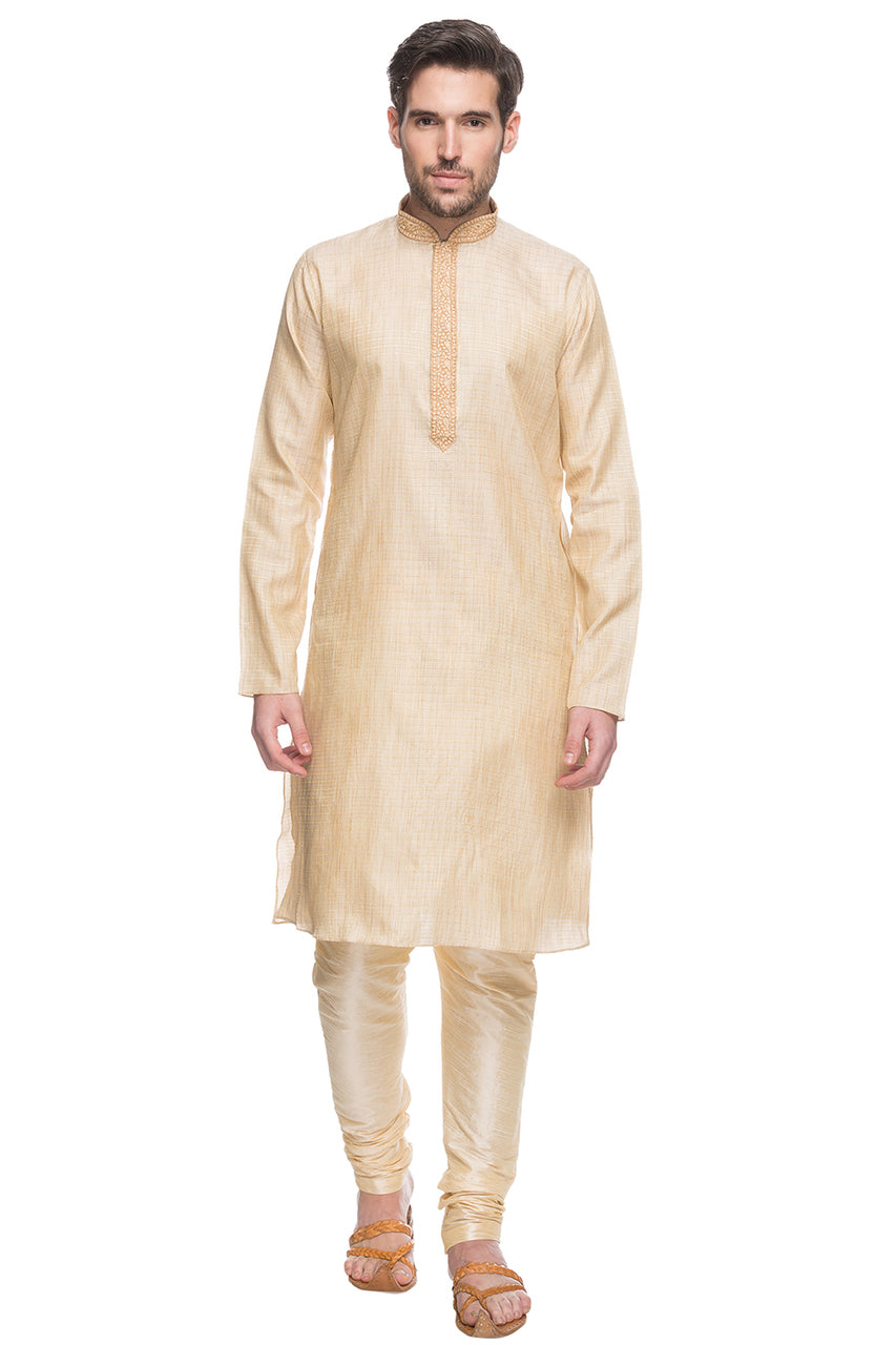 Shatranj Men's Embroidered Placket 2-Piece Kurta Pajama Set, front full-length view