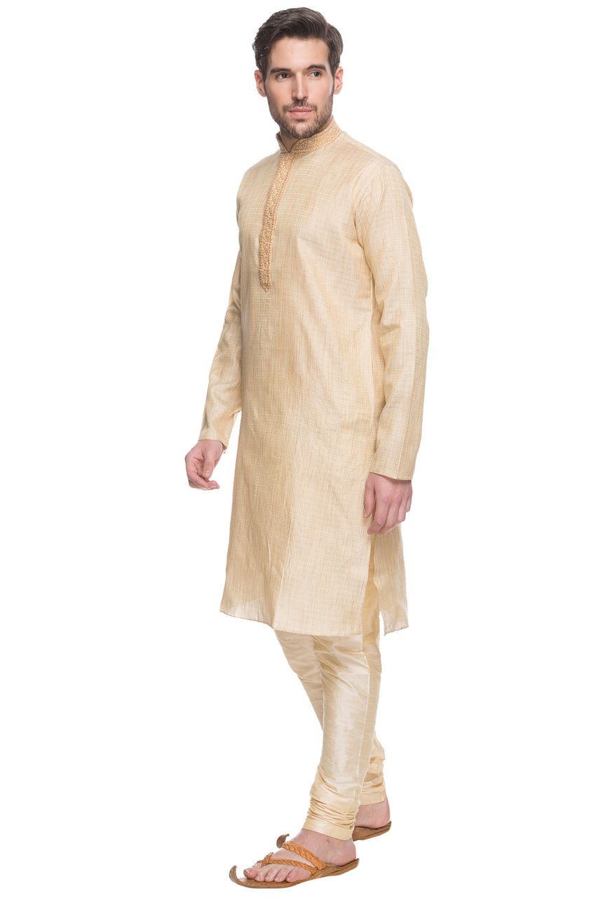 Shatranj Men's Embroidered Placket 2-Piece Kurta Pajama Set, left angled full-length view