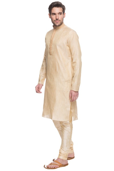Shatranj Men's Embroidered Placket 2-Piece Kurta Pajama Set, left angled full-length view