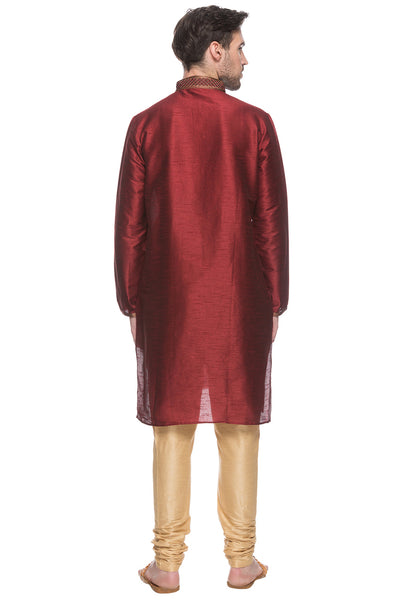 Shatranj Men's Maroon Embroidered Placket 2-Piece Kurta Pajama Set, back full-length view