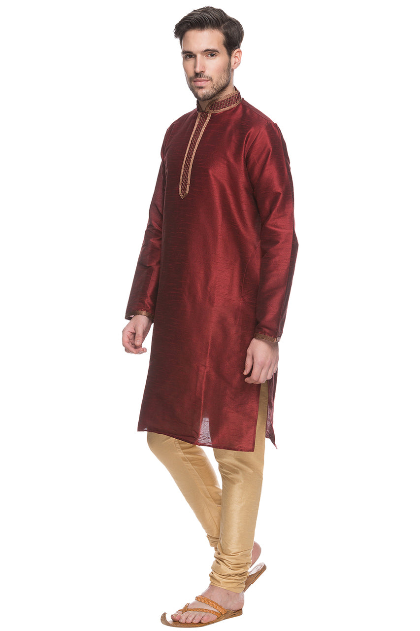 Shatranj Men's Maroon Embroidered Placket 2-Piece Kurta Pajama Set, front full-length view