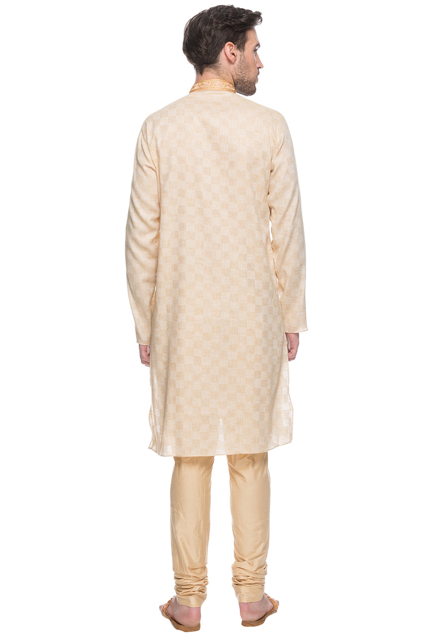 Shatranj Men's Natural Embroidered Placket 2-Piece Kurta Pajama Set, back full-length view