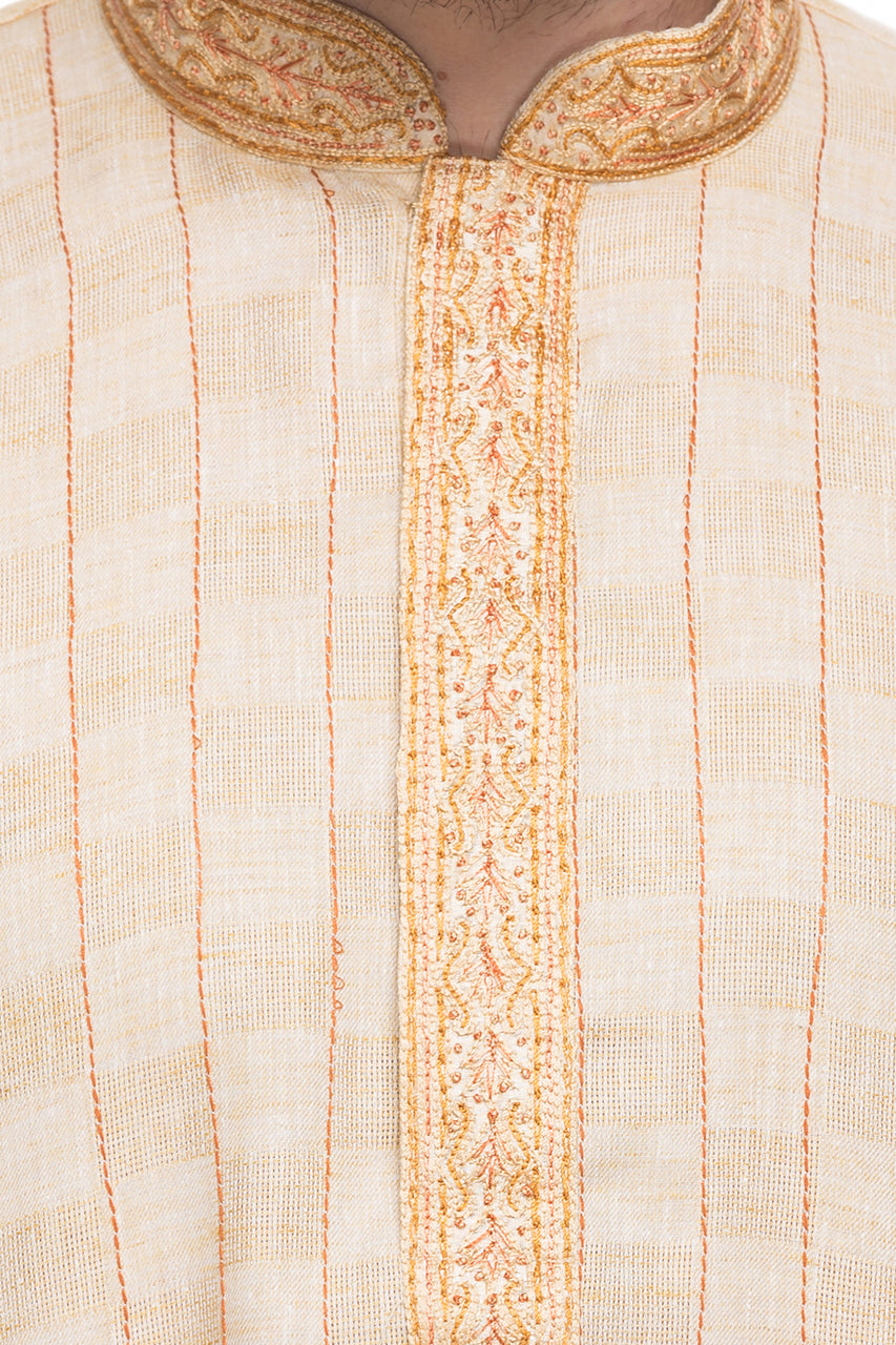 Shatranj Men's Natural Embroidered Placket 2-Piece Kurta Pajama Set, close-up of the embroidered placket