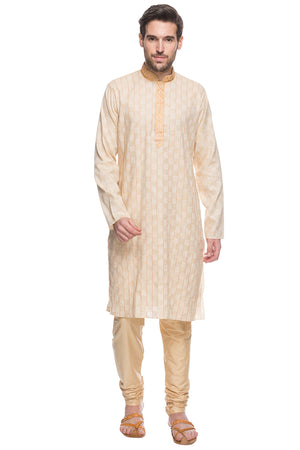 Shatranj Men's Natural Embroidered Placket 2-Piece Kurta Pajama Set, front full-length view