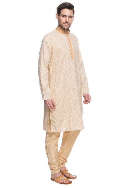 Shatranj Men's Natural Embroidered Placket 2-Piece Kurta Pajama Set, left angled full-length view