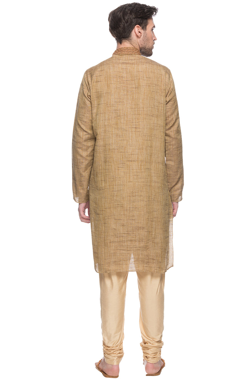 Shatranj Men's Tan Embroidered Placket 2-Piece Kurta Pajama Set, back full-length view