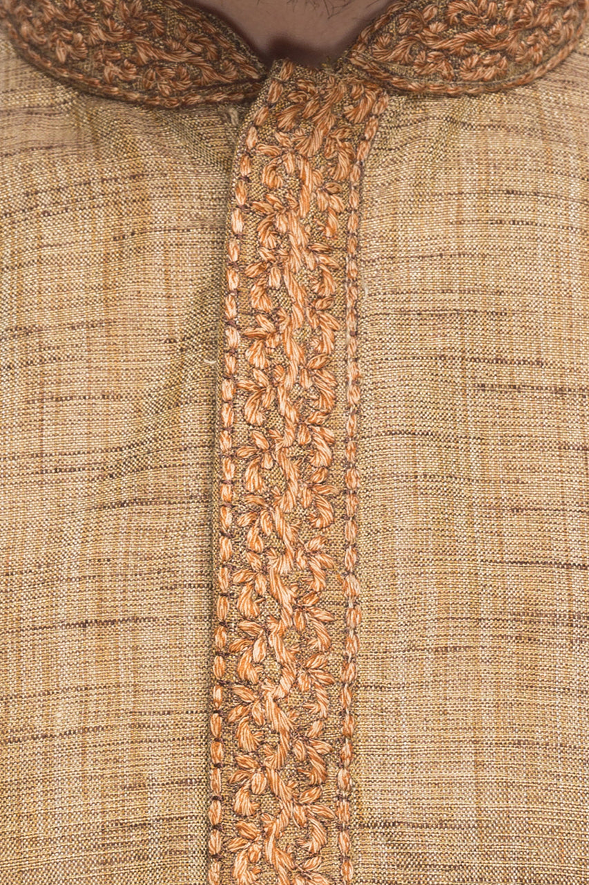 Shatranj Men's Tan Embroidered Placket 2-Piece Kurta Pajama Set, close-up of the embroidered placket